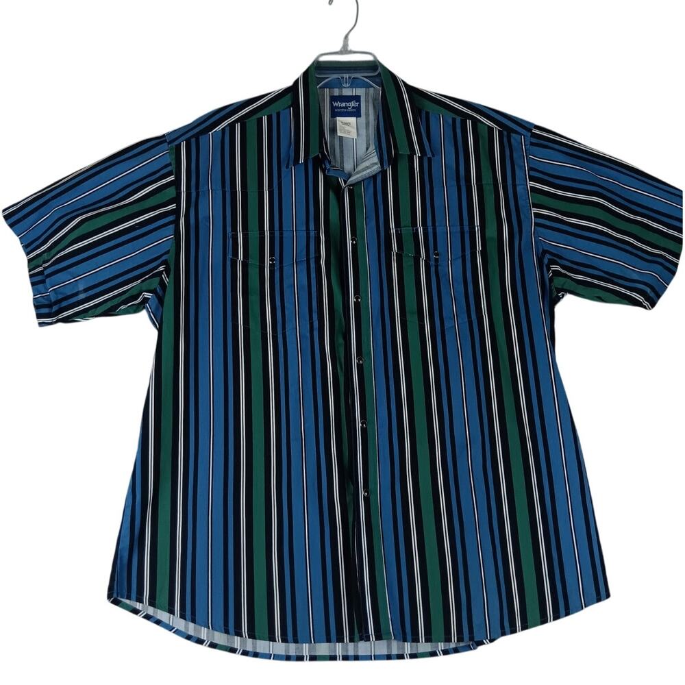 Wrangler Western Shirt Men XXL Black/Blue Striped Pearl Snap Cowboy Short Sleeve